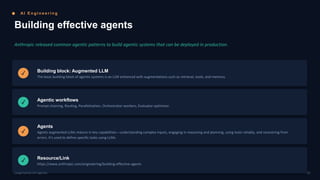 AI E n g i n e e r i n g
Building effective agents
Anthropic released common agentic patterns to build agentic systems that can be deployed in production.
✓ Building block: Augmented LLM
The basic building block of agentic systems is an LLM enhanced with augmentations such as retrieval, tools, and memory.
✓ Agentic workflows
Prompt chaining, Routing, Parallelization, Orchestrator-workers, Evaluator-optimizer.
✓
Agents
Agents augmented LLMs mature in key capabilities—understanding complex inputs, engaging in reasoning and planning, using tools reliably, and recovering from
errors. It's used to define specific tasks using LLMs.
✓ Resource/Link
https://www.anthropic.com/engineering/building-effective-agents
05
LangChain4j-CDI Agentic
 