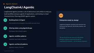Ag e n t i c S ys t e m
LangChain4J Agentic
LangChain4J Agentic provides a set of abstractions and utilities to help you
build workflow and pure agentic AI applications, culminating in a Goal-
Oriented Action Planning (GOAP) agentic system.
1 Building block: AI Agent
One consistent API across popular LLM providers and vector stores.
2 Sharing states using AgenticScope
Exchanging of data amongst AI agents.
3 Agentic workflow patterns
Sequential, Loop, Parallel, Conditional.
4 Agentic and Non-AI patterns
Supervisor, Human In The Loop.
</>
Enterprise-ready by design
LangChain4j integrates seamlessly with enterprise Java
frameworks like Jakarta EE, MicroProfile, Quarkus, and
Spring Boot.
This deck focuses on how Jakarta EE / MicroProfile
developers consume LangChain4j through the
LangChain4j-CDI extension — not the Quarkus integration.
03
LangChain4j-CDI Agentic
 