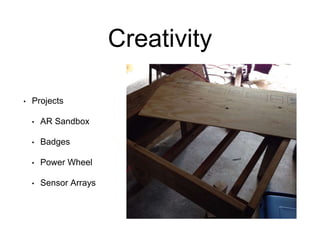 Creativity
• Projects
• AR Sandbox
• Badges
• Power Wheel
• Sensor Arrays
 