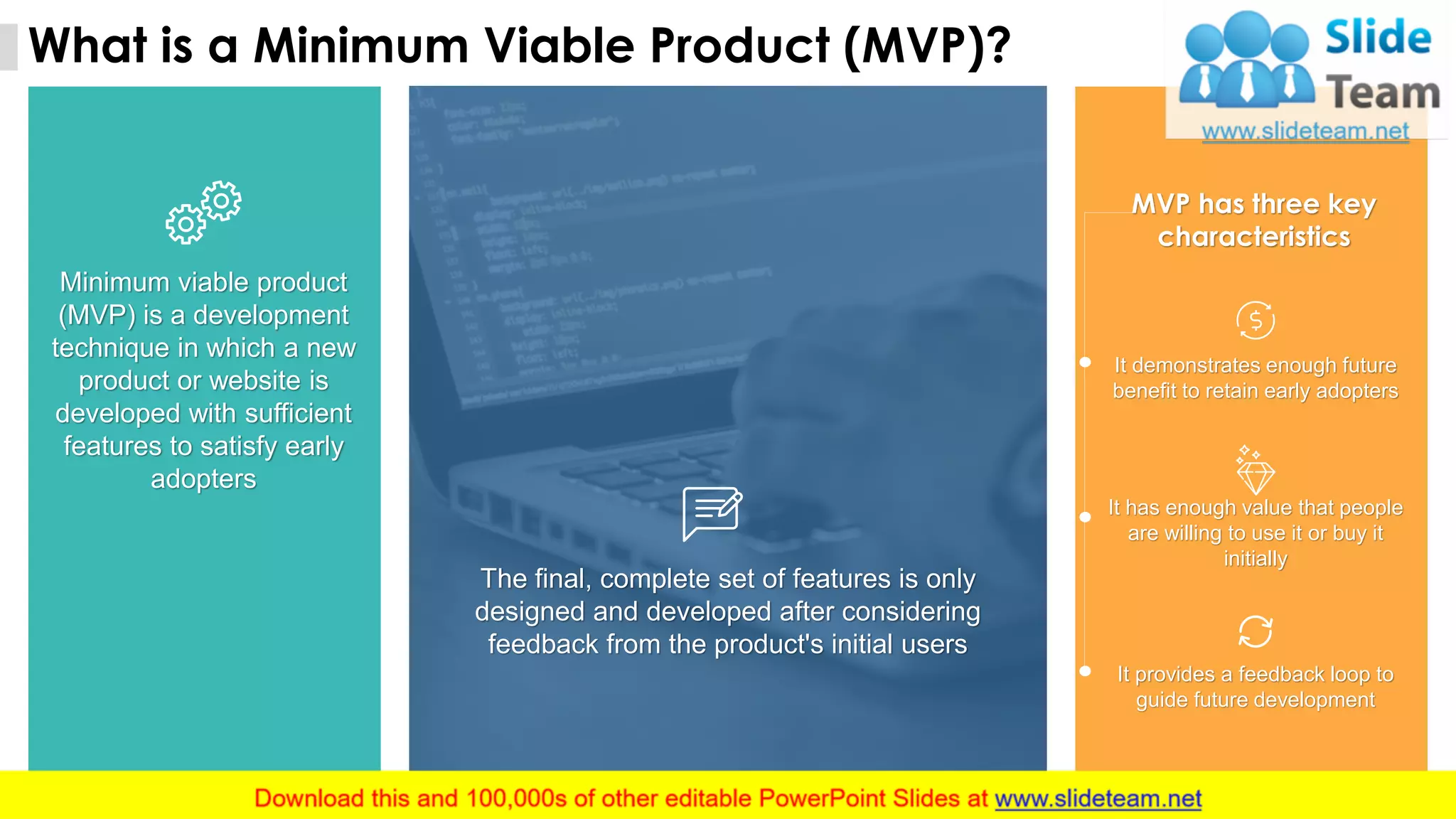 33
What is a Minimum Viable Product (MVP)?
Minimum viable product
(MVP) is a development
technique in which a new
product or website is
developed with sufficient
features to satisfy early
adopters
The final, complete set of features is only
designed and developed after considering
feedback from the product's initial users
MVP has three key
characteristics
It demonstrates enough future
benefit to retain early adopters
It has enough value that people
are willing to use it or buy it
initially
It provides a feedback loop to
guide future development
 