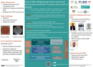 BUILD-AMR: Mitigating agriculture-associated
antimicrobial resistance in poultry value chains in
Uganda
B. Wieland1, A.Moodley1, I. Mbatidde1,2, D. Ndoboli1,2, B-A Tenhagen3, U.Roesler4, R.
Erechu5, A. Litta-Mulondo6, S. Kakooza7, J. Waiswa7 and C. Kankya2
1International Livestock Research Institute; 2Makerere University; 3Federal Institute for Risk Assessment (Bfr); 4Freie Universität Berlin; 5National Animal Disease
Diagnostic and Epidemiology Centre; 6National Livestock Resources Research Institute; 7VSF Germany
Cross component collaboration
Build AMR and VPH
• Sharing of laboratory protocols
• Potential for additional
collaborations since bacteriologic
analyses will be conducted in the
same labs at NaLIRRI and NADEC
Major achievements
• Capacity needs assessment
completed by VSFG
• Stakeholder mapping completed by
VSFG
• Development of PhD concept notes
Major challenges
• COVID-19
• Procurement difficulties
• Delayed recruitment
Problem: Antimicrobial resistance is a global One Health challenge, top ten
human health threat by WHO (2019), disproportionate burden in low- and
middle-income countries
Challenge: Limited national data AMU and AMR in LMICs
→ difficult to evaluate livestock associated AMR risks and identifying risk
pathways contributing to AMR in humans in LMICs.
→ no baseline data to measure success of AMR mitigating interventions.
Approach:
→ cross-sectional studies to identify AMR risks
longitudinal study to investigate temporal dynamics and transmission pathways
→ risk assessment to evaluate risks
→ identify interventions to reduce AMU
Graphical representation of the AMR studies, outputs and outcomes
This document is licensed for use under the Creative Commons
Attribution 4.0 International Licence. June 2020
Activities completed since June
2019
• Recruitment of two PhD fellows
and a Research Assistant
• NaLiRRI’s new lab is functional with
new equipment to boost capacity
for analyses
• VSFG recruited a staff for AMR
component
Outputs since June 2019
• Capacity needs assessment
• Stakeholder mapping
• PhD concept notes
PhD Dickson Ndoboli PhD Irene Mbatidde Dreck Ayebare
S. Kakooza
E.coli on a plate Antibiotic suscep. test
Funded by
ILRI thanks all donors and organizations which globally support its work
through their contributions to the CGIAR Trust Fund.
Risk assessment for
AMR in people
Modes of transmission of
AMR between sources
→Transmission modelling
Value of
training/interventions as a
risk mitigation measure
Study 1: Cross-sectiona study in 2 districts
(n=360 farms):
-AM use patterns
-AMR prevalence in poultry
Study 2: Longitudinal-transmission study (40
farms-dif.system)
-Patterns of AM use
-Monitoring production data
-Transmission pathway (molecular
epidemiology)
Training on AM use and other inteerventions to
mitigate AMR risks
-Monitor changes in KAP
-Monitor changes in AMR and production parameters
Study 2: Cross-sectional study
-Chicken meat and/or egges at
retail
-AMR and antibiotic residues
PolicyadvicetomitigateAMRrisksinpoultry
production
Develop
training
materials
AMUandAMR
capacityneeds
assessment,KAP
invaluechain
actors
Scan to find out more
 