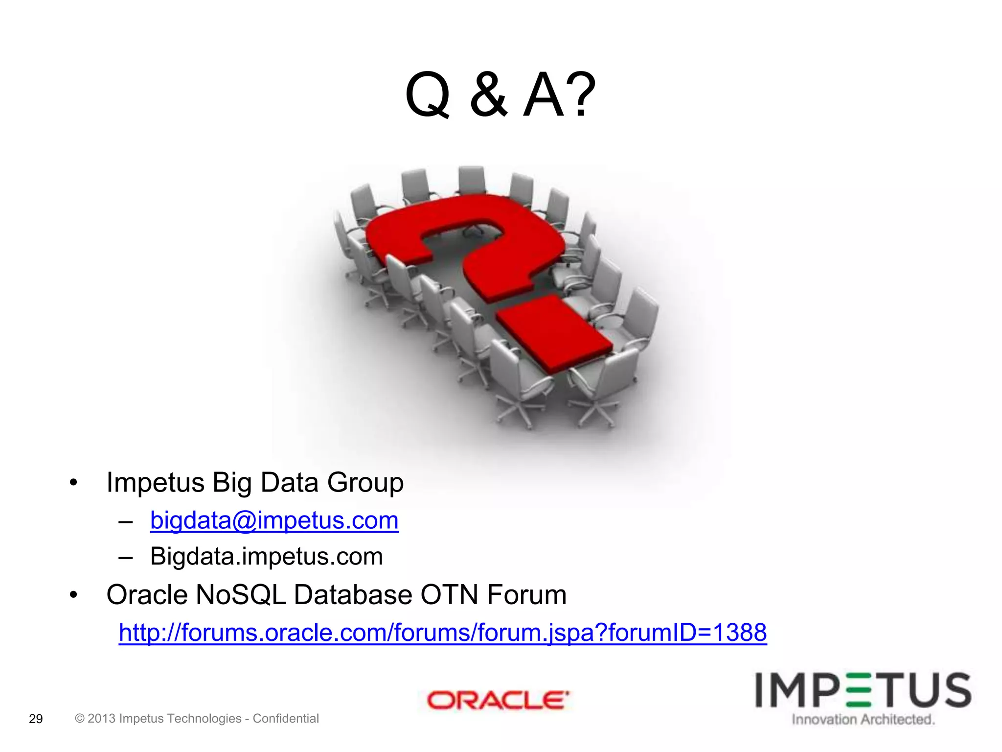 Q & A?

• Impetus Big Data Group
– bigdata@impetus.com
– Bigdata.impetus.com

• Oracle NoSQL Database OTN Forum
http://forums.oracle.com/forums/forum.jspa?forumID=1388

29

© 2013 Impetus Technologies - Confidential

 