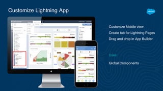 Customize Lightning App
Customize Mobile view
Create tab for Lightning Pages
Drag and drop in App Builder
Uses:
Global Components
 