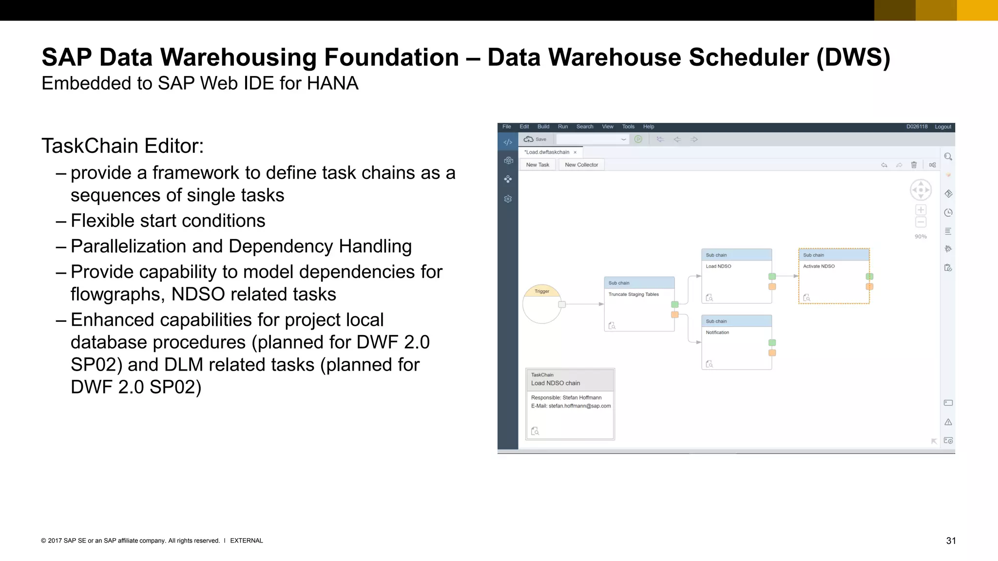 31EXTERNAL© 2017 SAP SE or an SAP affiliate company. All rights reserved. ǀ
SAP Data Warehousing Foundation – Data Warehouse Scheduler (DWS)
Embedded to SAP Web IDE for HANA
TaskChain Editor:
– provide a framework to define task chains as a
sequences of single tasks
– Flexible start conditions
– Parallelization and Dependency Handling
– Provide capability to model dependencies for
flowgraphs, NDSO related tasks
– Enhanced capabilities for project local
database procedures (planned for DWF 2.0
SP02) and DLM related tasks (planned for
DWF 2.0 SP02)
 