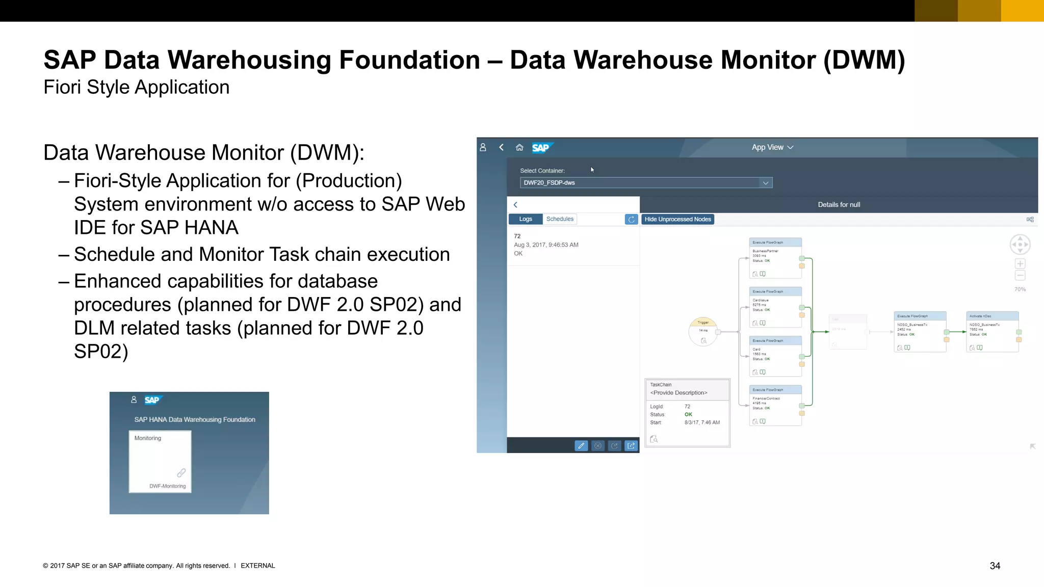 34EXTERNAL© 2017 SAP SE or an SAP affiliate company. All rights reserved. ǀ
SAP Data Warehousing Foundation – Data Warehouse Monitor (DWM)
Fiori Style Application
Data Warehouse Monitor (DWM):
– Fiori-Style Application for (Production)
System environment w/o access to SAP Web
IDE for SAP HANA
– Schedule and Monitor Task chain execution
– Enhanced capabilities for database
procedures (planned for DWF 2.0 SP02) and
DLM related tasks (planned for DWF 2.0
SP02)
 