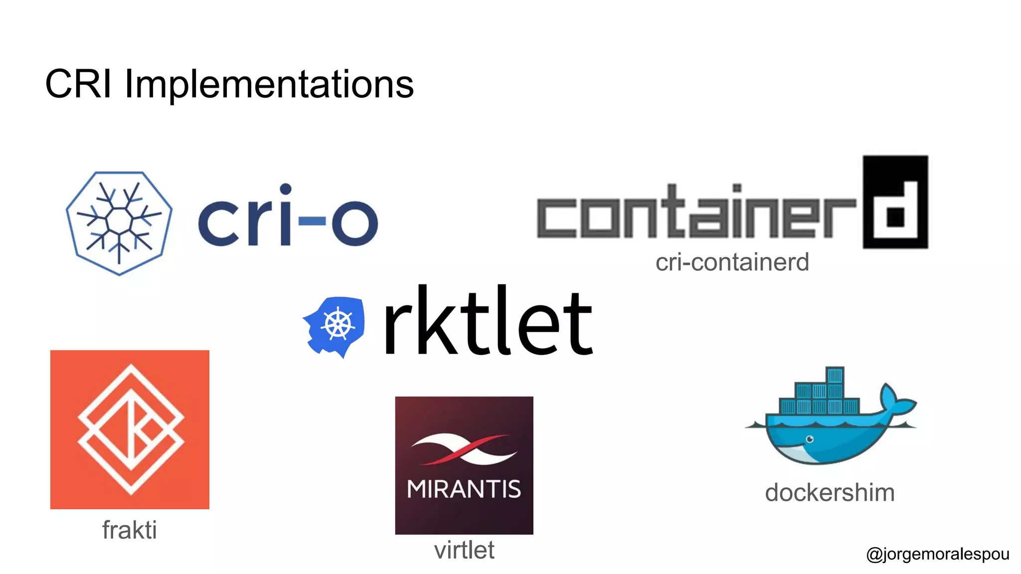 CRI Implementations
frakti
cri-containerd
dockershim
virtlet @jorgemoralespou
 