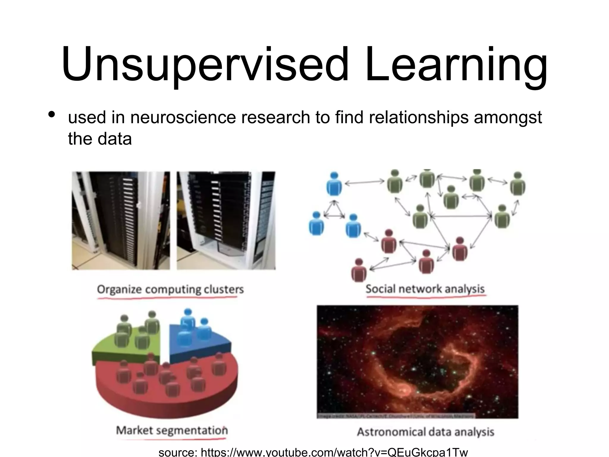 Unsupervised Learning
• used in neuroscience research to find relationships amongst
the data
Clustering Algorithm
source: https://www.youtube.com/watch?v=QEuGkcpa1Tw
 