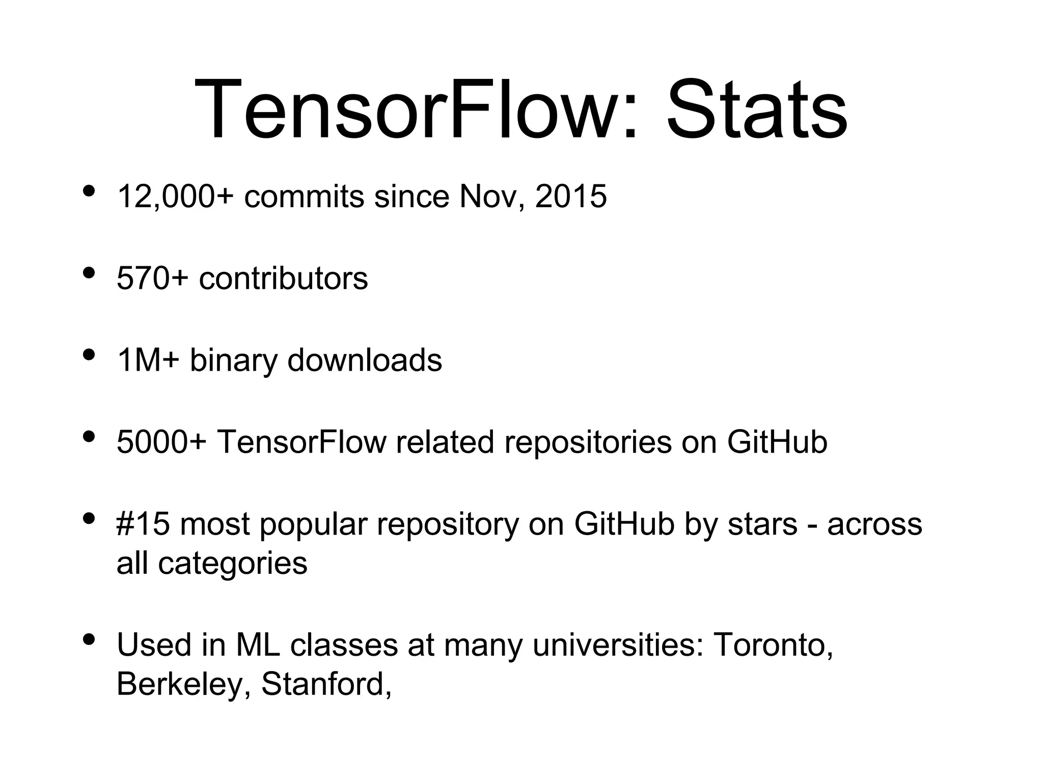 TensorFlow: Stats
• 12,000+ commits since Nov, 2015
• 570+ contributors
• 1M+ binary downloads
• 5000+ TensorFlow related repositories on GitHub
• #15 most popular repository on GitHub by stars - across
all categories
• Used in ML classes at many universities: Toronto,
Berkeley, Stanford,
 