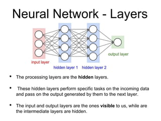 Neural Network - Layers
• The processing layers are the hidden layers.
• These hidden layers perform specific tasks on the incoming data
and pass on the output generated by them to the next layer.
• The input and output layers are the ones visible to us, while are
the intermediate layers are hidden.
 