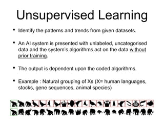 Unsupervised Learning
• Identify the patterns and trends from given datasets.
• An AI system is presented with unlabeled, uncategorised
data and the system’s algorithms act on the data without
prior training.
• The output is dependent upon the coded algorithms.
• Example : Natural grouping of Xs (X= human languages,
stocks, gene sequences, animal species)
 