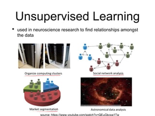 Unsupervised Learning
• used in neuroscience research to find relationships amongst
the data
Clustering Algorithm
source: https://www.youtube.com/watch?v=QEuGkcpa1Tw
 