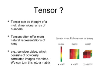 Tensor ?
• Tensor can be thought of a
multi dimensional array of
numbers.
• Tensors often offer more
natural representations of
data,
• e.g., consider video, which
consists of obviously
correlated images over time.
We can turn this into a matrix
 