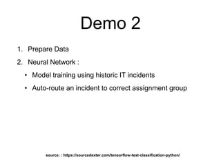 Demo 2
1. Prepare Data
2. Neural Network :
• Model training using historic IT incidents
• Auto-route an incident to correct assignment group
source: : https://sourcedexter.com/tensorflow-text-classification-python/
 