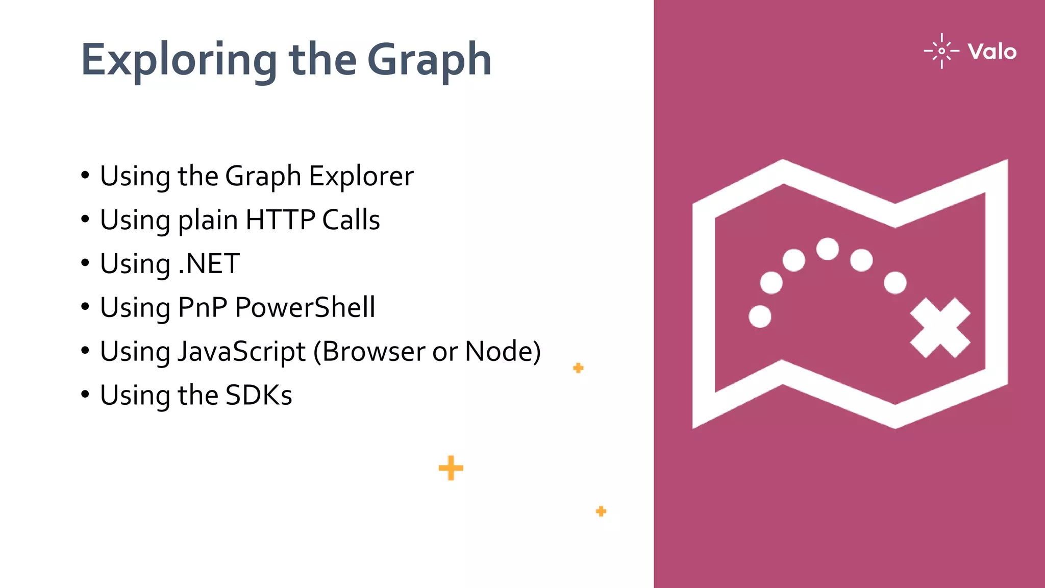 Exploring the Graph
• Using the Graph Explorer
• Using plain HTTP Calls
• Using .NET
• Using PnP PowerShell
• Using JavaScript (Browser or Node)
• Using the SDKs
 