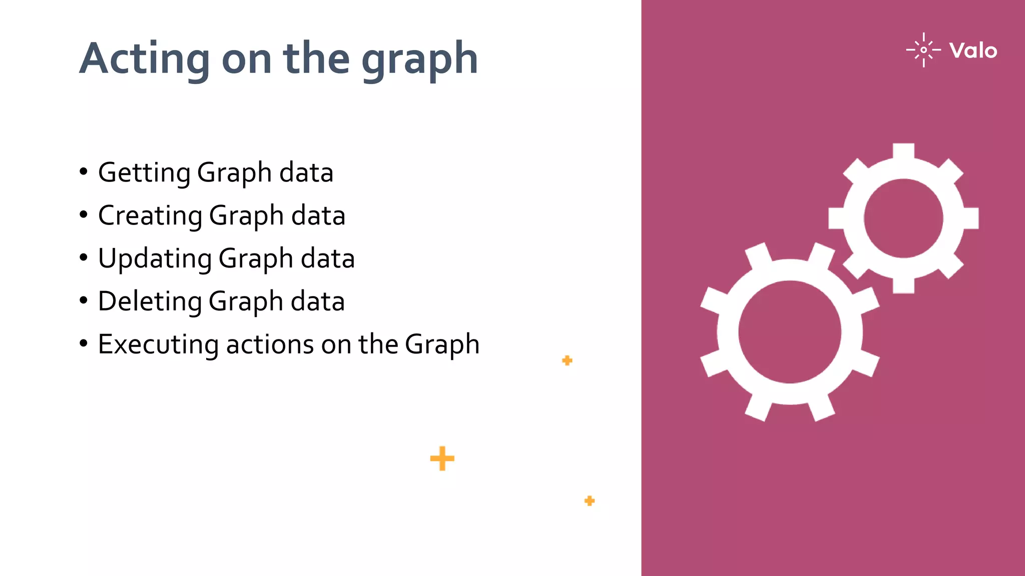 Acting on the graph
• Getting Graph data
• Creating Graph data
• Updating Graph data
• Deleting Graph data
• Executing actions on the Graph
 