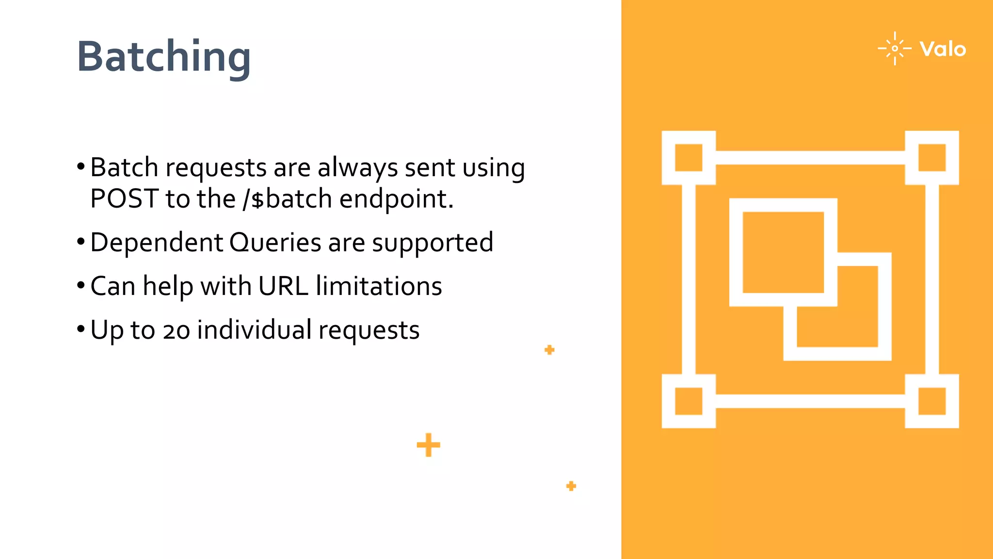 Batching
•Batch requests are always sent using
POST to the /$batch endpoint.
•Dependent Queries are supported
•Can help with URL limitations
•Up to 20 individual requests
 