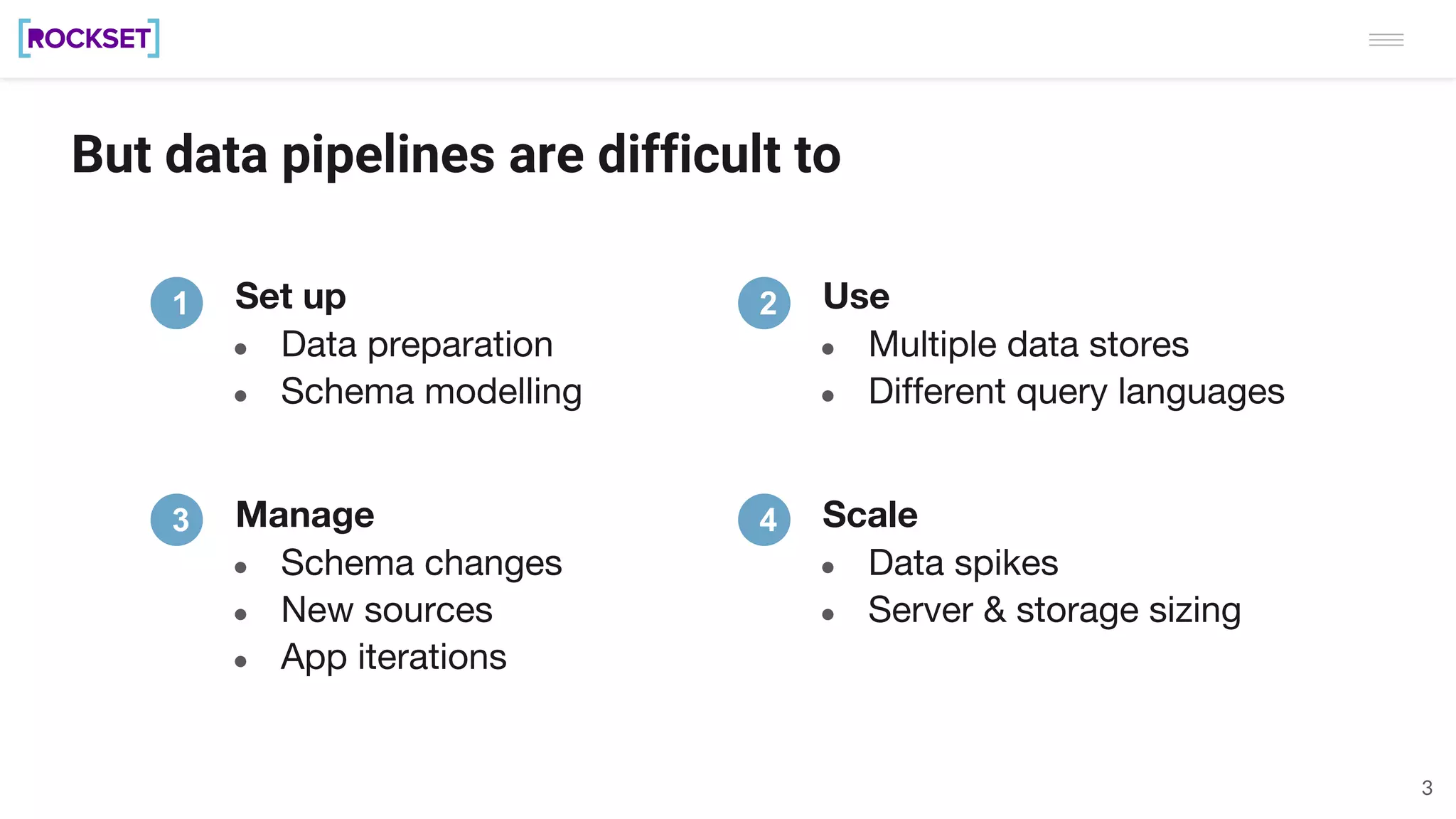 But data pipelines are difficult to
3
1
3 Manage
● Schema changes
● New sources
● App iterations
2
4 Scale
● Data spikes
● Server & storage sizing
Set up
● Data preparation
● Schema modelling
Use
● Multiple data stores
● Different query languages