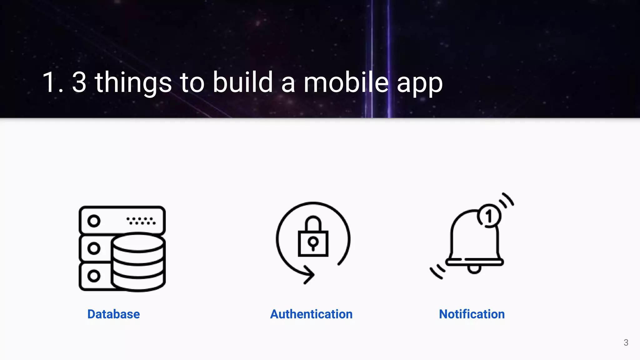1. 3 things to build a mobile app
3
Database Authentication Notification
 