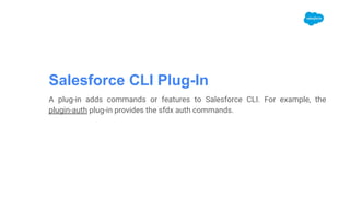Salesforce CLI Plug-In
A plug-in adds commands or features to Salesforce CLI. For example, the
plugin-auth plug-in provides the sfdx auth commands.
 