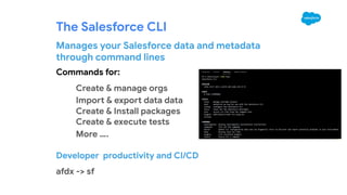 The Salesforce CLI
Manages your Salesforce data and metadata
through command lines
Commands for:
Create & manage orgs
Import & export data data
Create & Install packages
Create & execute tests
More ….
Developer productivity and CI/CD
afdx -> sf
 