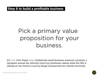 Step 5 to build a profitable business
Discover the value
customers want your
business to create.
www.startuprunner.com
 