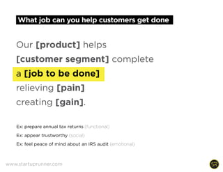 What job can you help customers get done
Our [product] helps
[customer segment] complete
a [job to be done]
relieving [pain]
creating [gain].
Ex: prepare annual tax returns (functional)
Ex: appear trustworthy (social)
Ex: feel peace of mind about an IRS audit (emotional)  
www.startuprunner.com
 