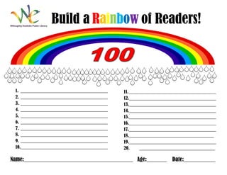 Build a Rainbow of Readers!




 1. ______________________________________   11. ______________________________________
 2. ______________________________________   12.______________________________________
 3. ______________________________________   13.______________________________________
 4. ______________________________________   14.______________________________________
 5. ______________________________________   15.______________________________________
 6. ______________________________________   16.______________________________________
 7. ______________________________________   17.______________________________________
 8. ______________________________________   18._____________________________________
 9. ______________________________________   19.______________________________________
 10.______________________________________   20.     _________________________________

Name:______________________________________ Age:_______ Date:___________
 