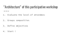 “Architecture” of this participative workshop
1. Evaluate the level of attendees
2. Groups composition
3. Define objective...
