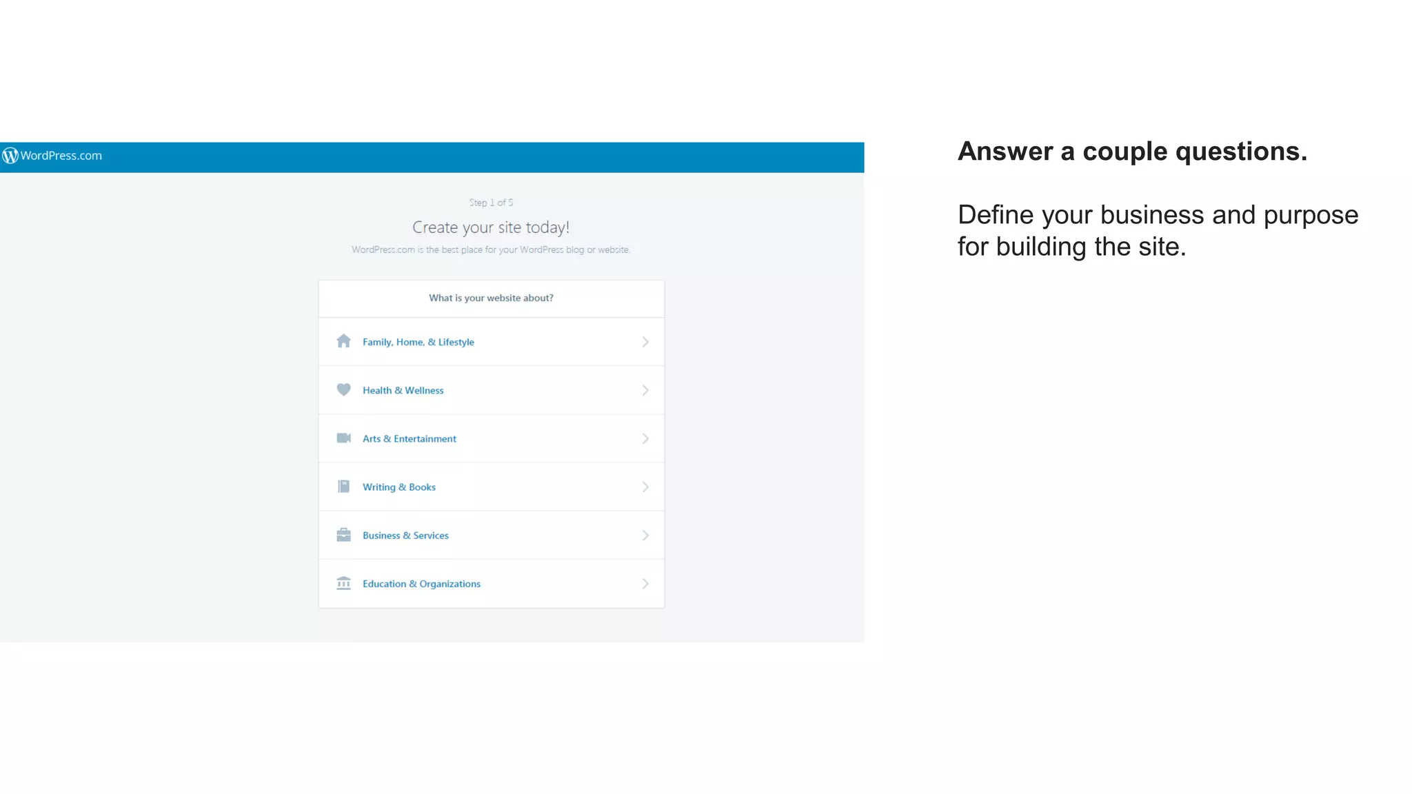 Answer a couple questions.
Define your business and purpose
for building the site.
 