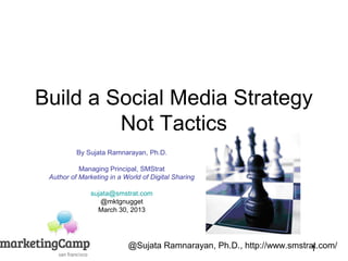 Build a Social Media Strategy
         Not Tactics
          By Sujata Ramnarayan, Ph.D.

           Managing Principal, SMStrat
 Author of Marketing in a World of Digital Sharing

               sujata@smstrat.com
                  @mktgnugget
                 March 30, 2013




                           @Sujata Ramnarayan, Ph.D., http://www.smstrat.com/
                                                                      1
 