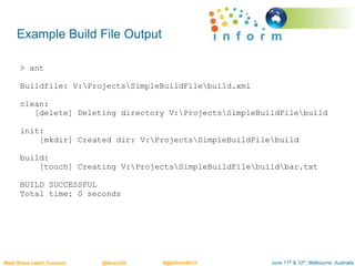 June 11th & 12th, Melbourne, AustraliaMeet.Share.Learn.Connect @AusLUG #@Inform2015
Example Build File Output
> ant
Buildfile: V:ProjectsSimpleBuildFilebuild.xml
clean:
[delete] Deleting directory V:ProjectsSimpleBuildFilebuild
init:
[mkdir] Created dir: V:ProjectsSimpleBuildFilebuild
build:
[touch] Creating V:ProjectsSimpleBuildFilebuildbar.txt
BUILD SUCCESSFUL
Total time: 0 seconds
 
