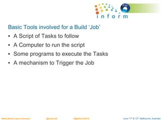 June 11th & 12th, Melbourne, AustraliaMeet.Share.Learn.Connect @AusLUG #@Inform2015
Basic Tools involved for a Build ‘Job’
• A Script of Tasks to follow
• A Computer to run the script
• Some programs to execute the Tasks
• A mechanism to Trigger the Job
 