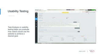 Usability Testing
Task Analysis or usability
testing helps you evaluate
how visitors would use the
website to achieve a
desired goal.
98% (103) views
58% (61) views
 