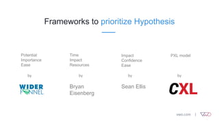 Frameworks to prioritize Hypothesis
Potential
Importance
Ease
Time
Impact
Resources
Bryan
Eisenberg
Impact
Confidence
Ease
Sean Ellis
PXL model
by by by by
 