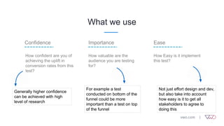 What we use
Confidence Importance Ease
How confident are you of
achieving the uplift in
conversion rates from this
test?
How valuable are the
audience you are testing
for?
How Easy is it implement
this test?
Generally higher confidence
can be achieved with high
level of research
Not just effort design and dev,
but also take into account
how easy is it to get all
stakeholders to agree to
doing this
For example a test
conducted on bottom of the
funnel could be more
important than a test on top
of the funnel
 