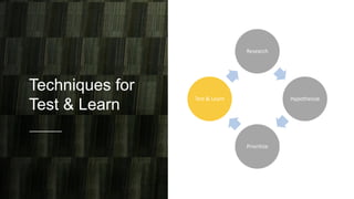 Techniques for
Test & Learn
Research
Hypothesize
Prioritize
Test & Learn
 