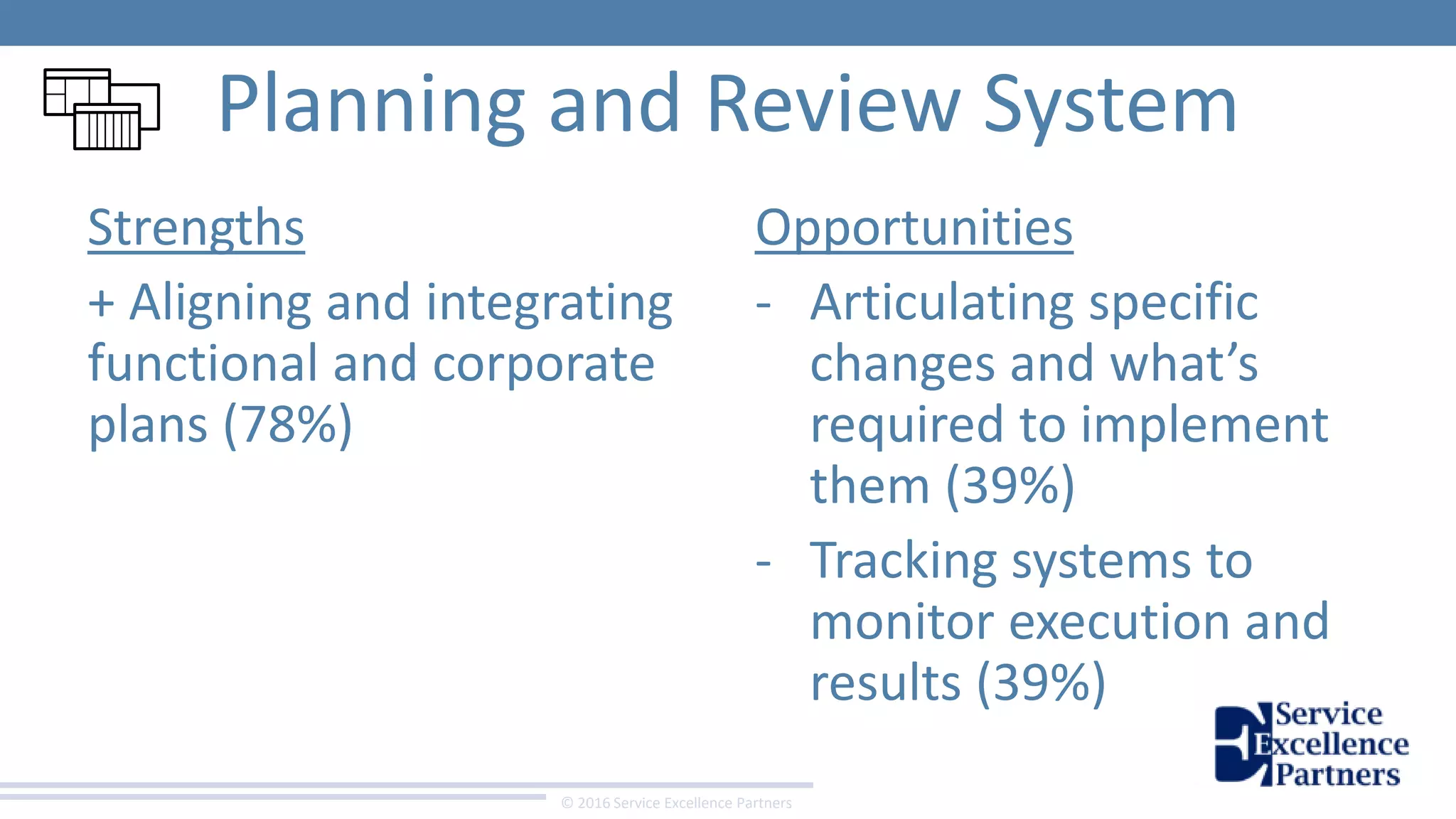 © 2016 Service Excellence Partners
Planning and Review System
Opportunities
- Articulating specific
changes and what’s
required to implement
them (39%)
- Tracking systems to
monitor execution and
results (39%)
Strengths
+ Aligning and integrating
functional and corporate
plans (78%)
 