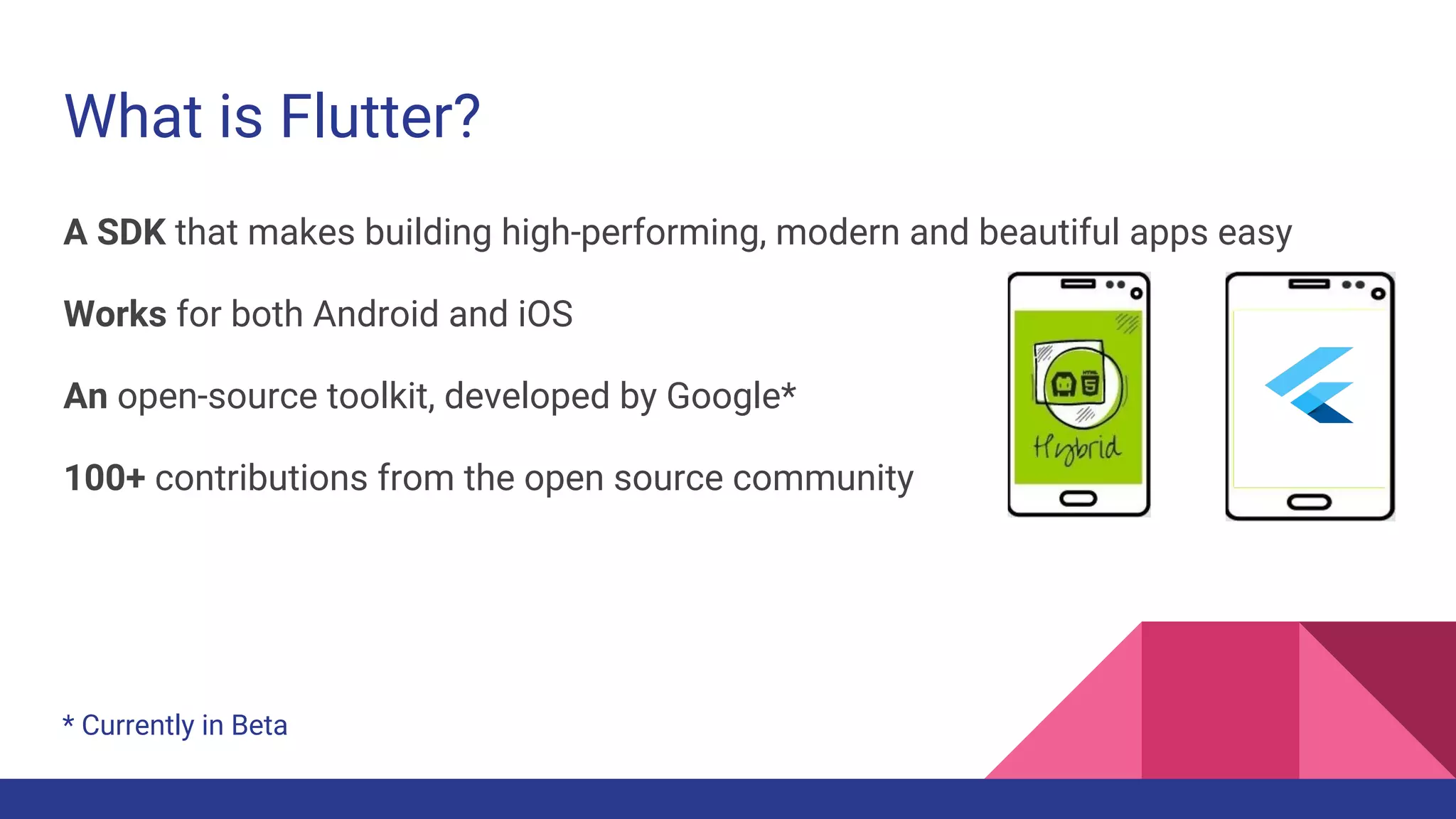 What is Flutter?
A SDK that makes building high-performing, modern and beautiful apps easy
Works for both Android and iOS
An open-source toolkit, developed by Google*
100+ contributions from the open source community
* Currently in Beta
 