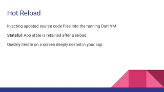 Hot Reload
Injecting updated source code files into the running Dart VM
Stateful: App state is retained after a reload.
Quickly iterate on a screen deeply nested in your app
 