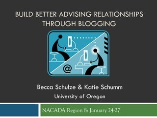 BUILD BETTER ADVISING RELATIONSHIPS
        THROUGH BLOGGING




     Becca Schulze & Katie Schumm
           University of Oregon

       NACADA Region 8: January 24-27
 