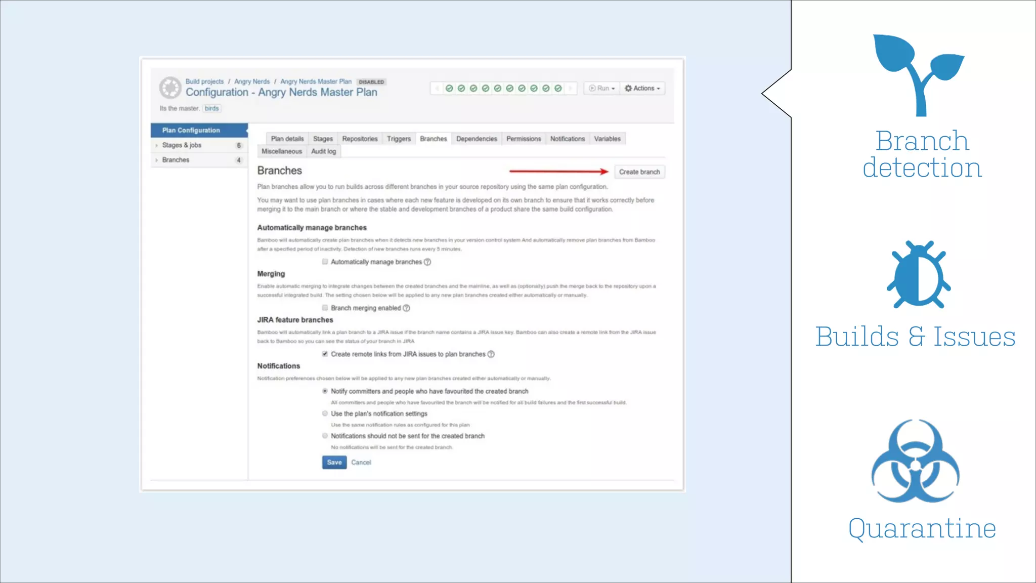 Branch
detection

Builds & Issues

Quarantine

 