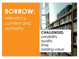 BORROW:
relevancy,
context and
authority

CHALLENGES:
credibility
quality
time
adding value

 