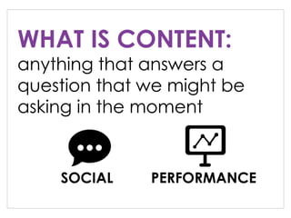 WHAT IS CONTENT:

anything that answers a
question that we might be
asking in the moment

SOCIAL

PERFORMANCE

 