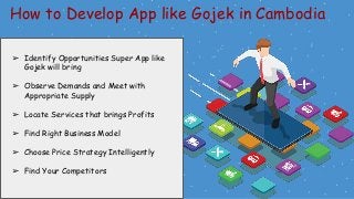 How to Develop App like Gojek in Cambodia
➢ Identify Opportunities Super App like
Gojek will bring
➢ Observe Demands and Meet with
Appropriate Supply
➢ Locate Services that brings Profits
➢ Find Right Business Model
➢ Choose Price Strategy Intelligently
➢ Find Your Competitors
 