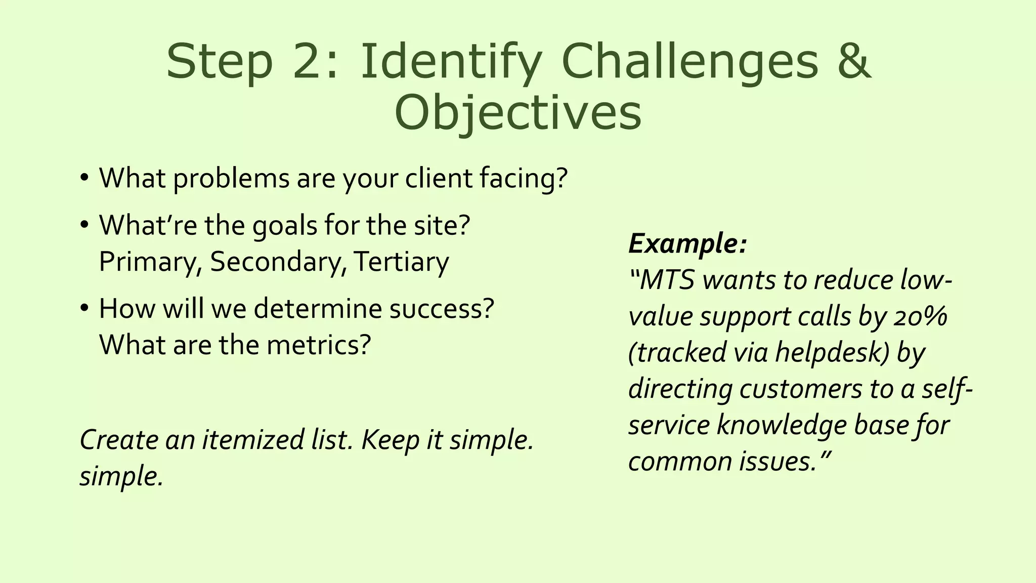 Step 2: Identify Challenges &
Objectives
• What problems are your client facing?
• What’re the goals for the site?
Primary, Secondary,Tertiary
• How will we determine success?
What are the metrics?
Create an itemized list. Keep it simple.
simple.
Example:
“MTS wants to reduce low-
value support calls by 20%
(tracked via helpdesk) by
directing customers to a self-
service knowledge base for
common issues.”
 