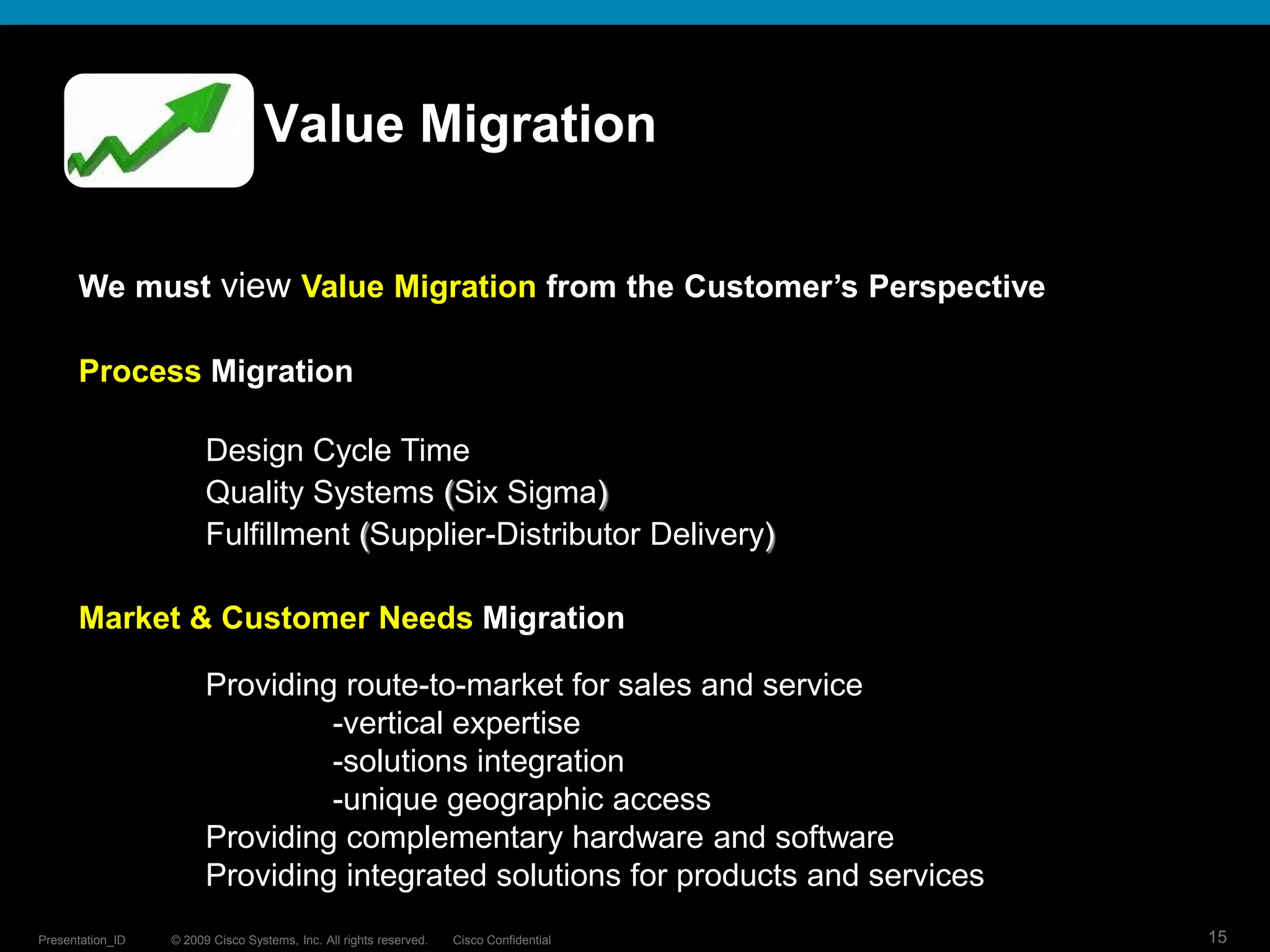 © 2009 Cisco Systems, Inc. All rights reserved. Cisco ConfidentialPresentation_ID 15
Value Migration
We must view Value Migration from the Customer’s Perspective
Process Migration
Design Cycle Time
Quality Systems (Six Sigma)
Fulfillment (Supplier-Distributor Delivery)
Market & Customer Needs Migration
Providing route-to-market for sales and service
-vertical expertise
-solutions integration
-unique geographic access
Providing complementary hardware and software
Providing integrated solutions for products and services
 
