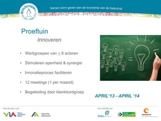 Proeftuin
         Innoveren

• Werkgroepen van + 8 actoren

• Stimuleren openheid & synergie

• Innovatieproces faciliteren

• 12 meetings (1 per maand)

• Begeleiding door klankbordgroep
                                    APRIL‘13 - APRIL ‘14
 