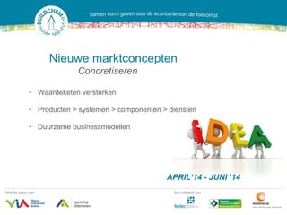 Nieuwe marktconcepten
             Concretiseren

• Waardeketen versterken

• Producten > systemen > componenten > diensten

• Duurzame businessmodellen




                                      APRIL‘14 - JUNI ‘14
 
