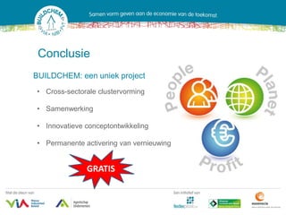 Conclusie
BUILDCHEM: een uniek project
• Cross-sectorale clustervorming

• Samenwerking

• Innovatieve conceptontwikkeling

• Permanente activering van vernieuwing


              GRATIS
 
