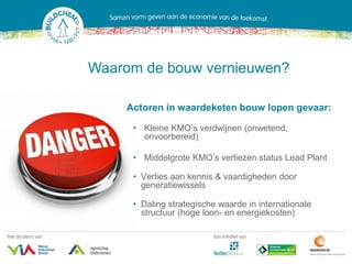 Waarom de bouw vernieuwen?

    Actoren in waardeketen bouw lopen gevaar:

     • Kleine KMO’s verdwijnen (onwetend,
       onvoorbereid)

     • Middelgrote KMO’s verliezen status Lead Plant

     • Verlies aan kennis & vaardigheden door
       generatiewissels

     • Daling strategische waarde in internationale
       structuur (hoge loon- en energiekosten)
 